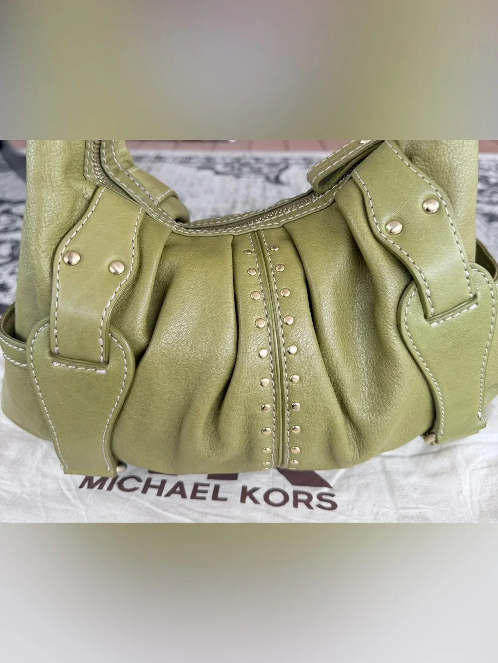 Michael Kors Olive Green Leather Studded Hobo Shoulder Bag